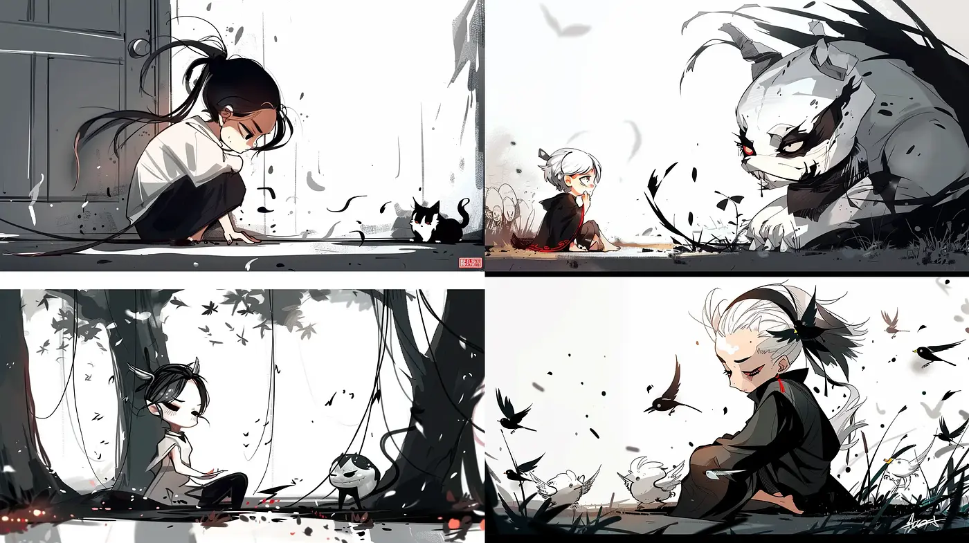 Ethereal Expressions in Monochrome: A Fusion of Anime and Ink Wash Aesthetics - Midjourney sref style