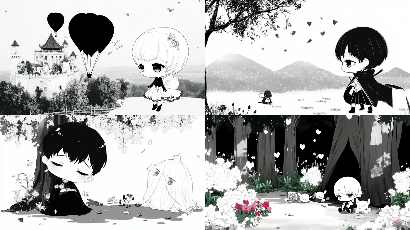Monochromatic Enchantment: A Touch of Chibi Anime in a Dreamy World - Midjourney sref style