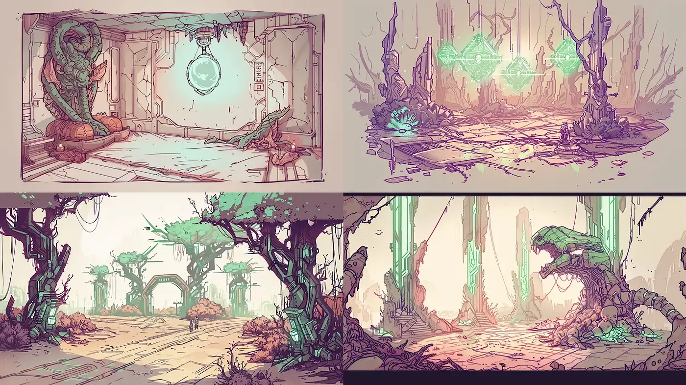 Intricate and Surreal Environments with Organic Elements - Midjourney sref style