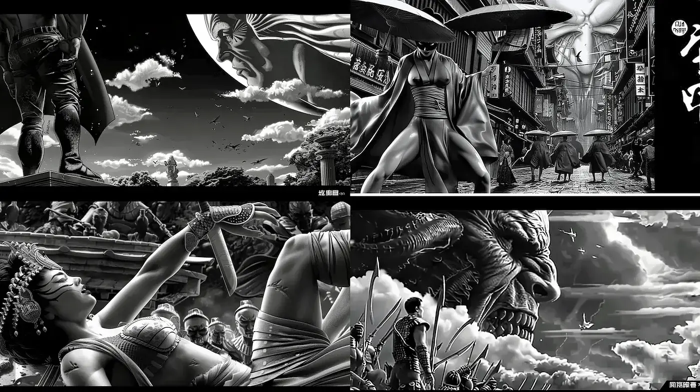 Dark, dramatic artwork with strong contrasts and intense atmospheric elements - Midjourney sref style