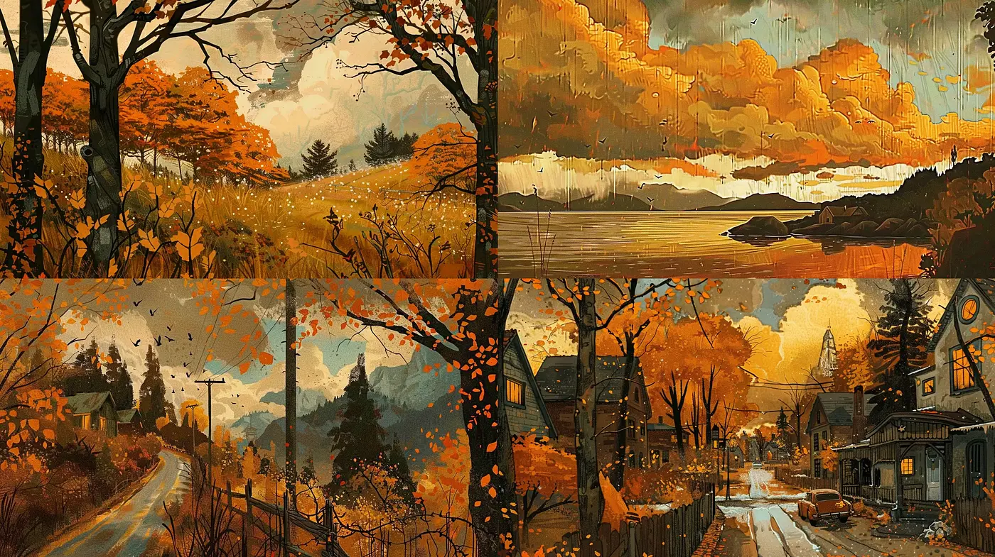 Autumnal Twilight: A Fusion of Warm Tones and Stylized Nature - Midjourney sref style