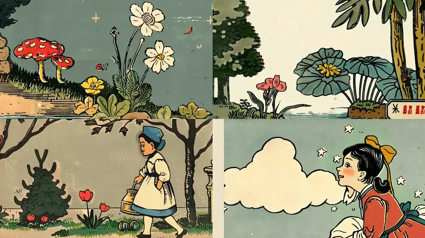 Whimsical Vintage Illustrations with Floral and Natural Motifs - Midjourney sref style