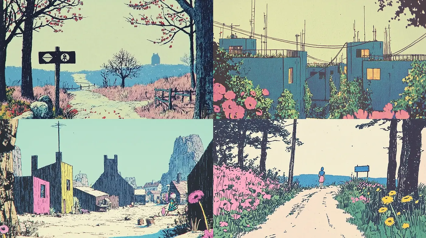 Serene Pastoral Dreamscapes in Stylized Print - Midjourney sref style