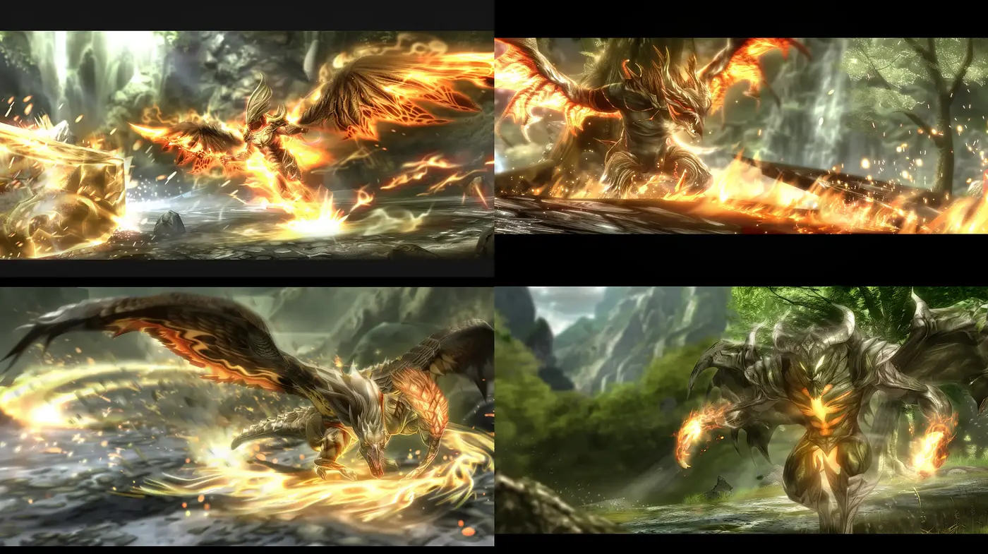Ethereal Blaze: A Fusion of Mythical Fire and Lush Vistas - Midjourney sref style