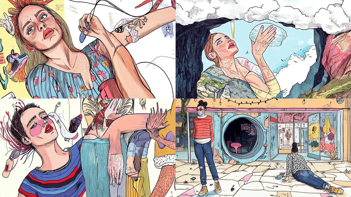 Whimsical Narrative Illustrations with a Gritty Edge - Midjourney sref style