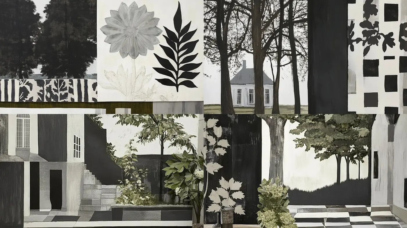Monochromatic Botanical Collage with Surrealist Undertones - Midjourney sref style
