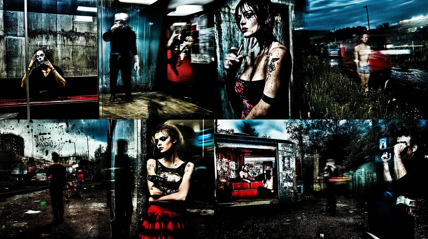 Gritty Nocturnal Elegance with High-Contrast and Dramatic Lighting - Midjourney sref style