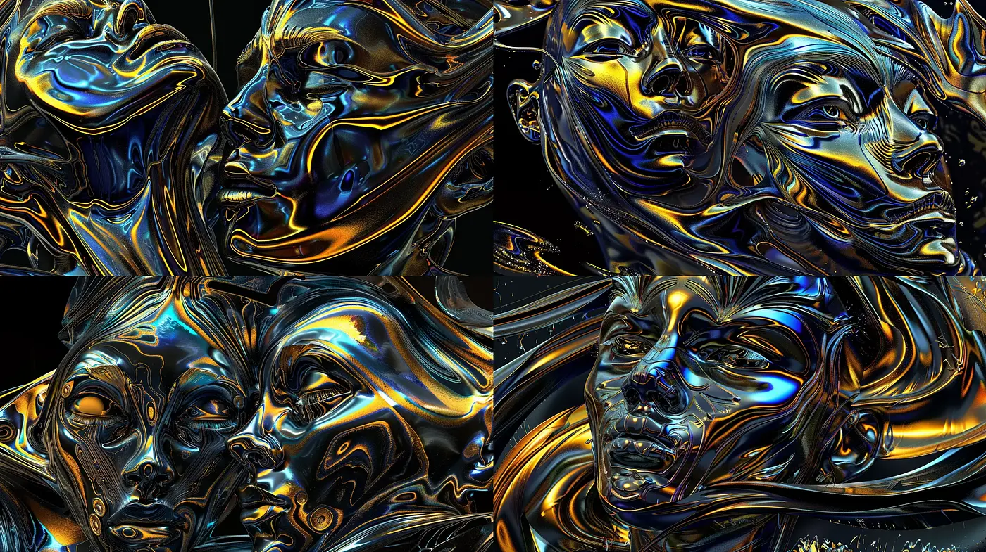Luminous Metallic Contours: A Fusion of Futuristic Elegance and Abstract Forms - Midjourney sref style
