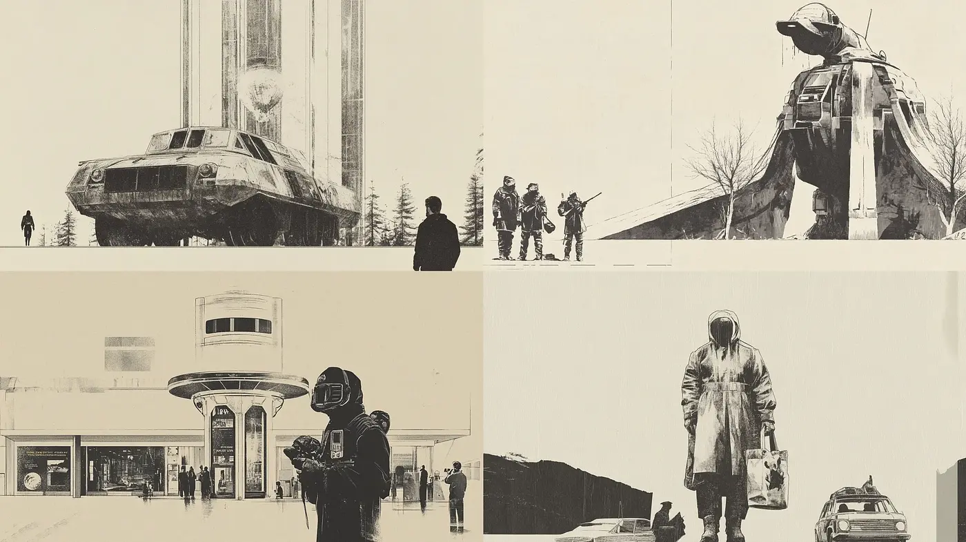 Sepia-Toned Homage to Retrofuturism and Industrial Aesthetics - Midjourney sref style