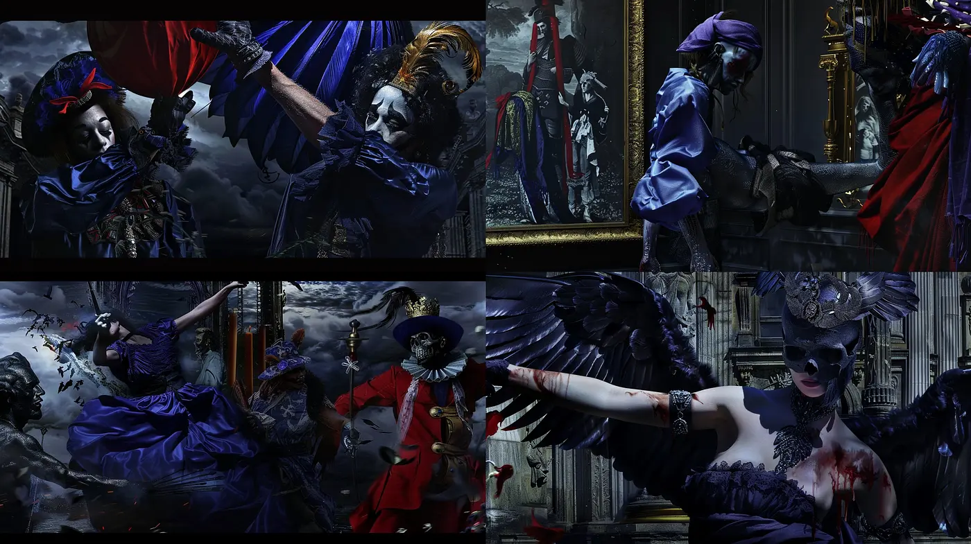 Baroque Elegance in Surrealist Shadows: A Dark Fantasia of Color and Contrast - Midjourney sref style