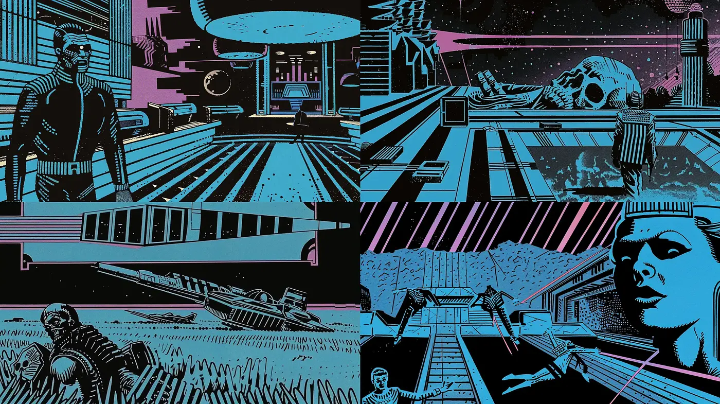 Neon Noir Retrofuturism with Comic Book Aesthetics - Midjourney sref style