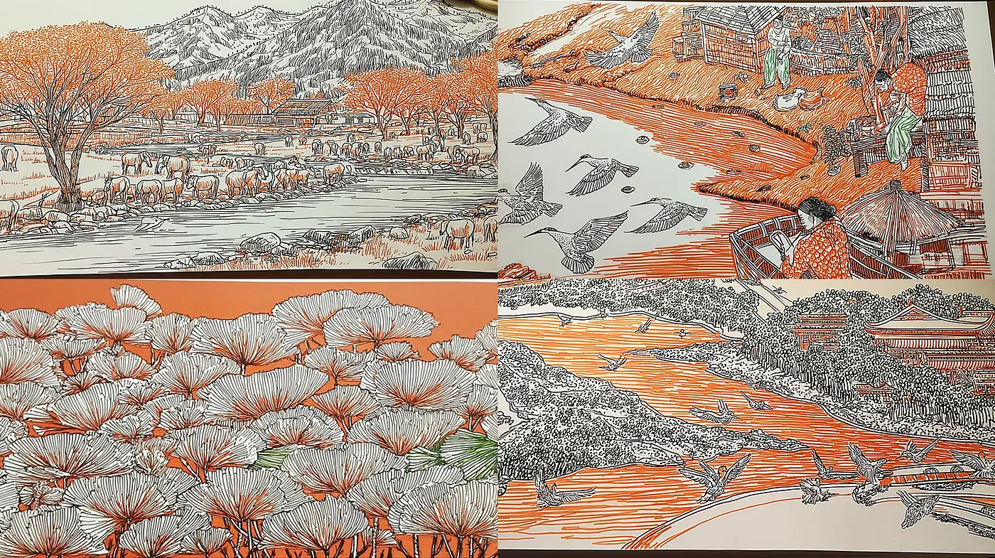 Serene Landscape Illustrations with Distinct Line Art and Warm Tones - Midjourney sref style