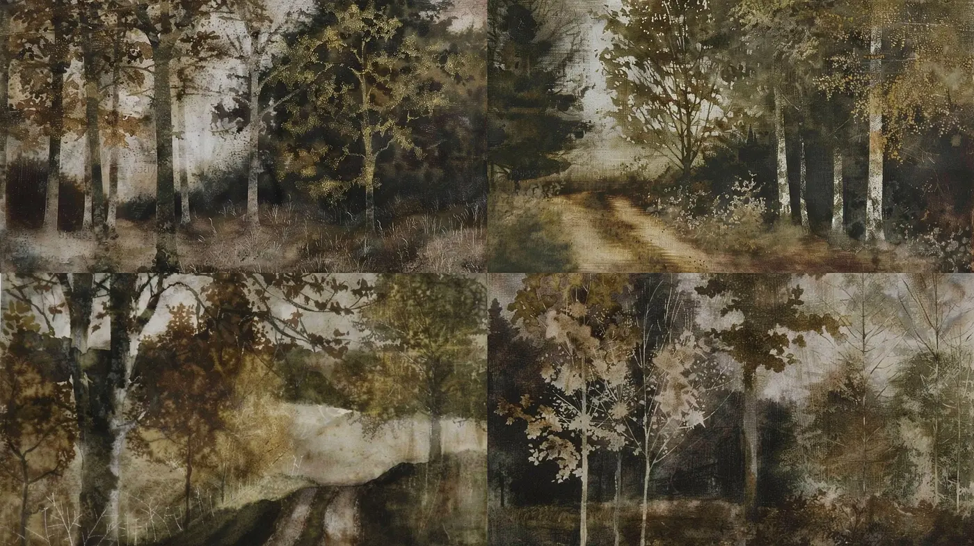Ethereal Forest Visions: A Consistent Blend of Earth Tones and Dream-like Textures - Midjourney sref style