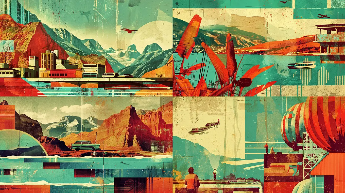 Retro-Futuristic Overtones with a Textured Collage Ensemble - Midjourney sref style