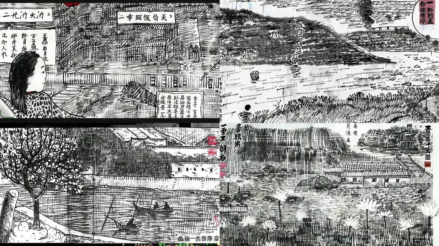 Contemporary East Asian Ink Wash Illustration with Textural Depth - Midjourney sref style