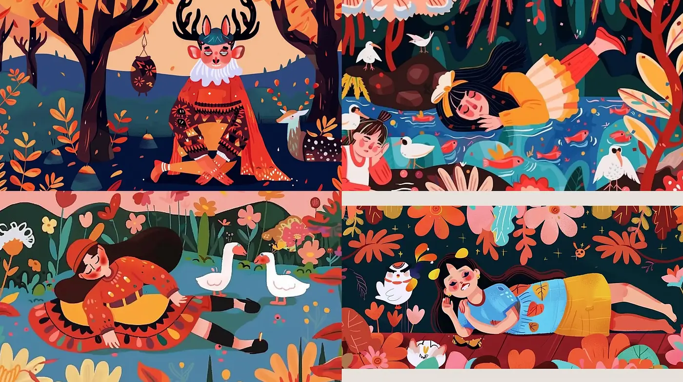Folkloric Fantasy: A Whimsical Melange of Nature and Childlike Wonder - Midjourney sref style