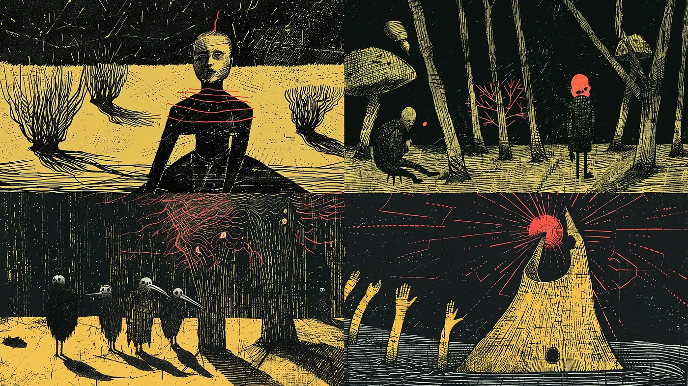 Surreal Woodcut Dreamscape: A Study in Yellow and Black - Midjourney sref style