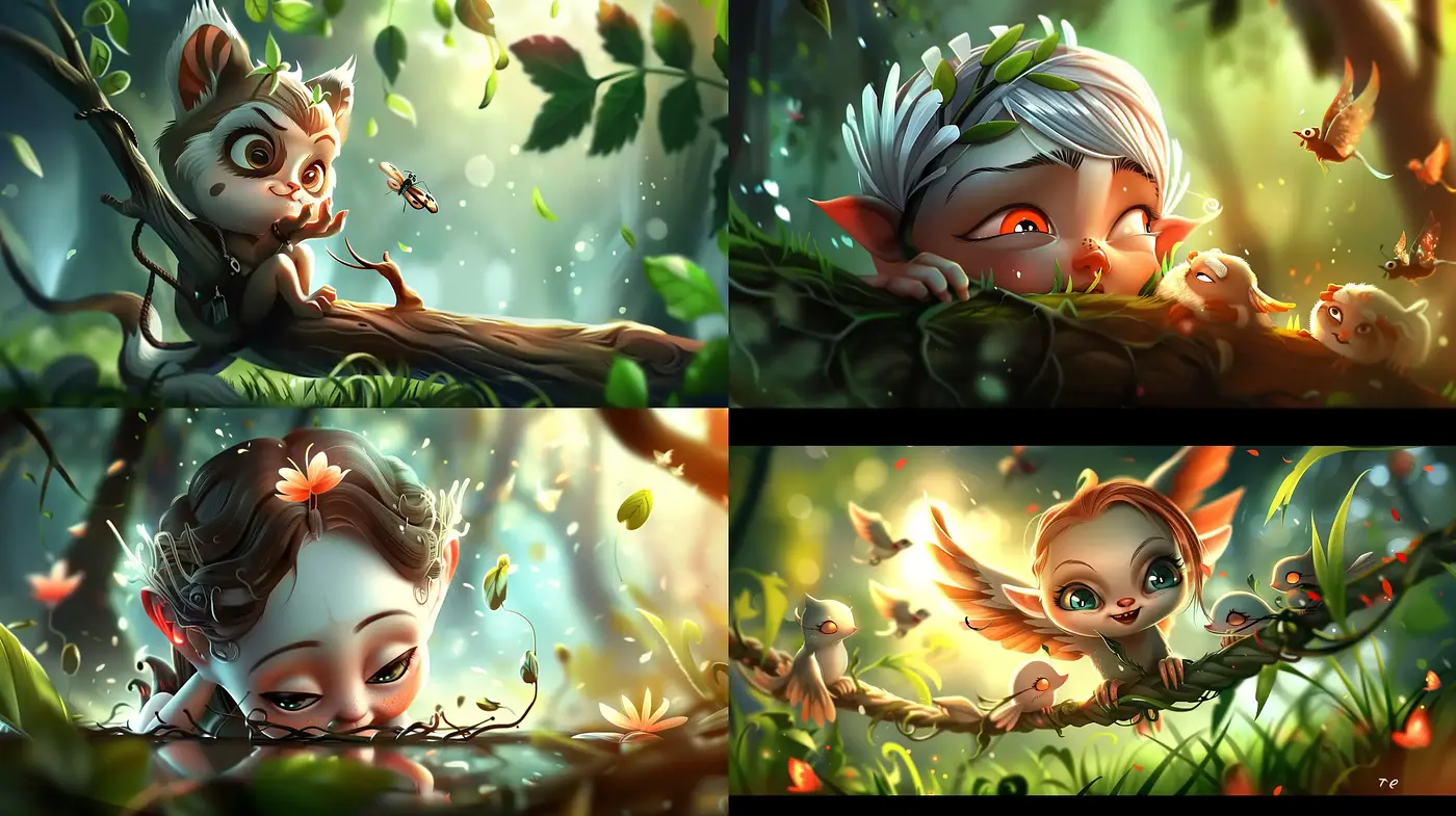 Enchanted Whimsy: A Fantastical Fusion of Lush Nature and Vibrant Character Vignettes - Midjourney sref style