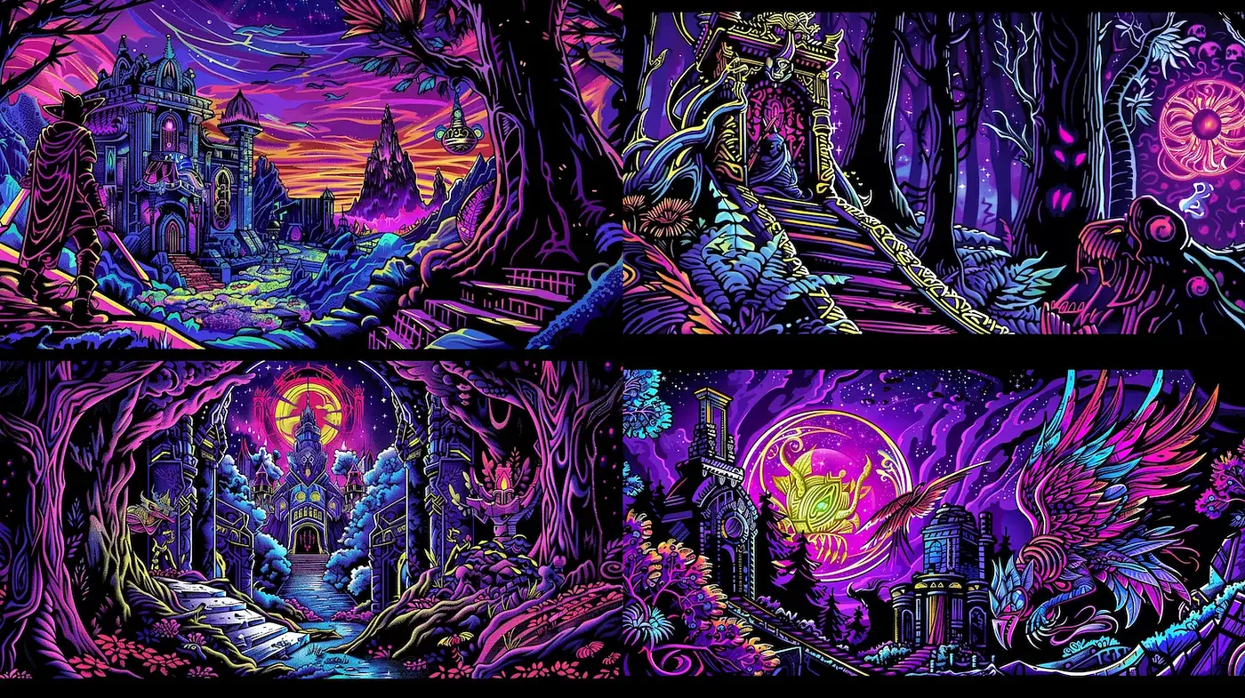 Vibrant Fantasy Landscapes with a Surreal Sense of Mystery - Midjourney sref style