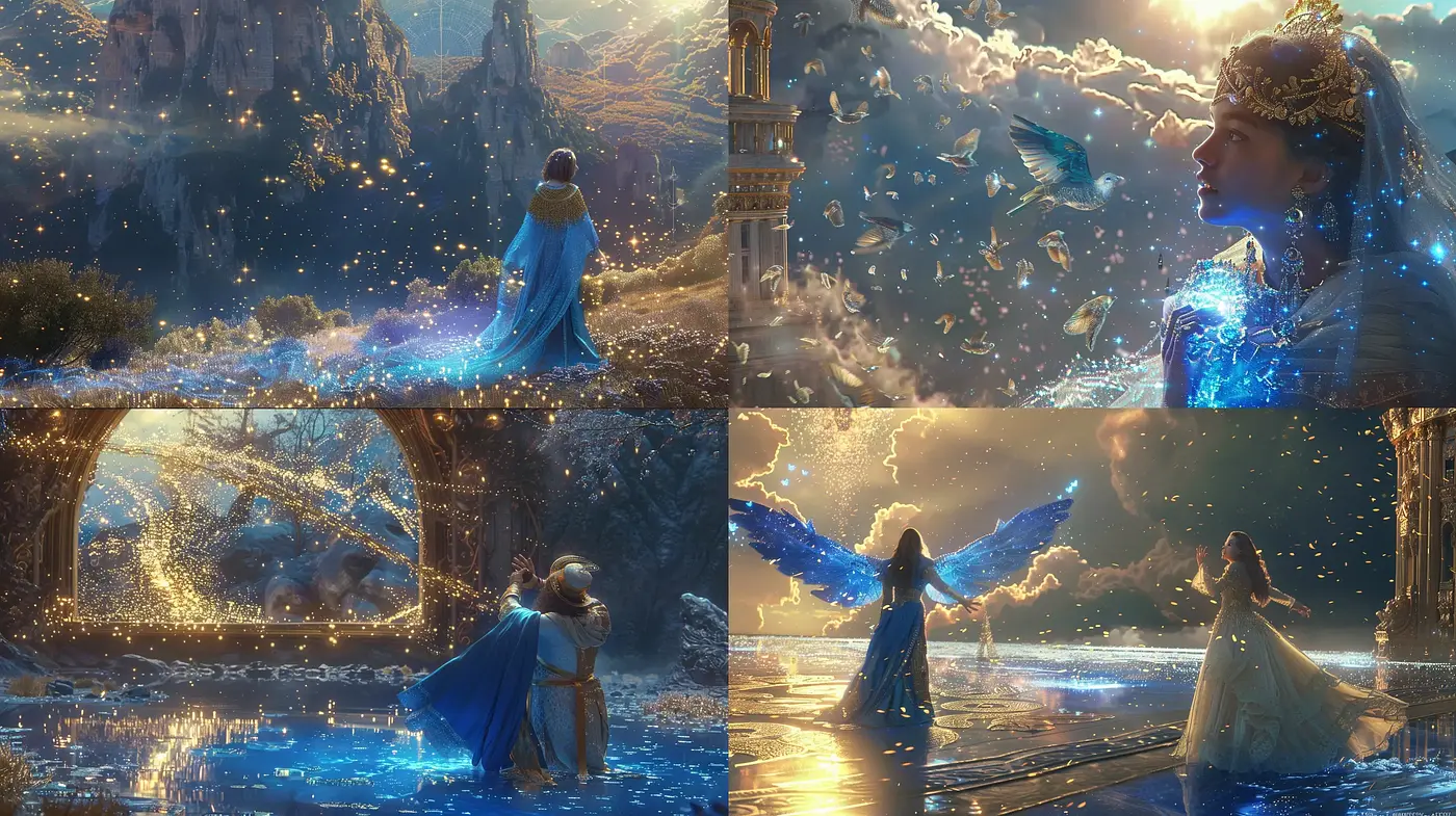 Ethereal Twilight Dreamscape in Enigmatic Azure and Gold - Midjourney sref style