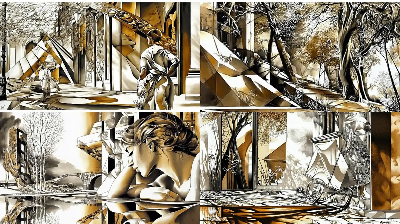 Sepia-toned Surrealistic Dreamscape with Geometric Fragmentation - Midjourney sref style