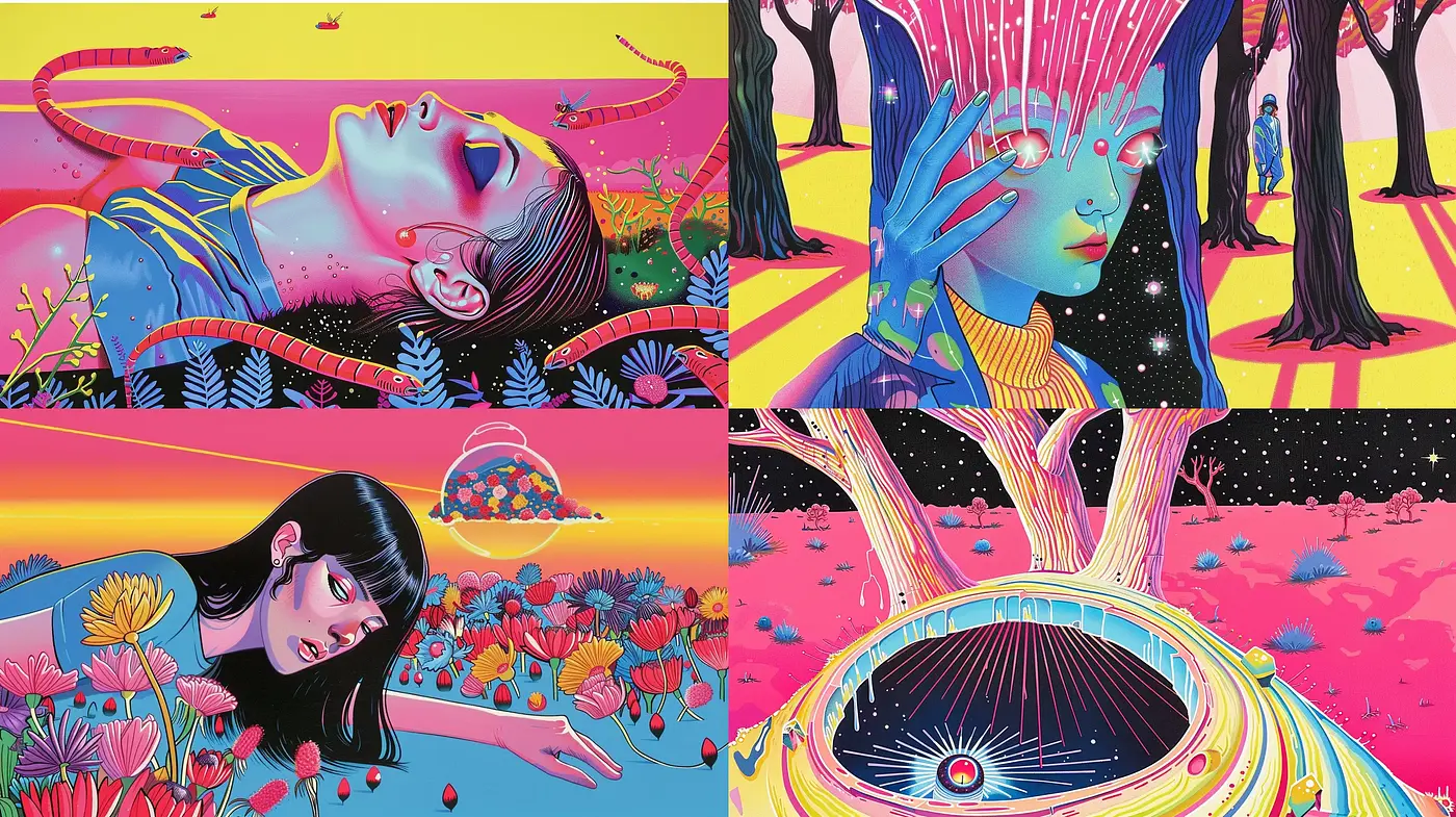 Psychedelic Dreamscape: A Vibrant Fusion of Cosmic and Botanical Imagery - Midjourney sref style