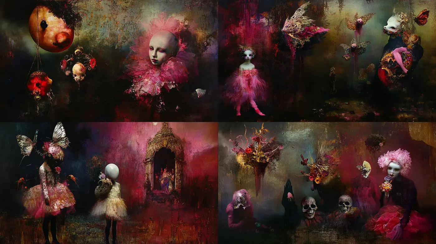 Dreamlike Tapestry of Dark Whimsy and Surrealist Influence - Midjourney sref style