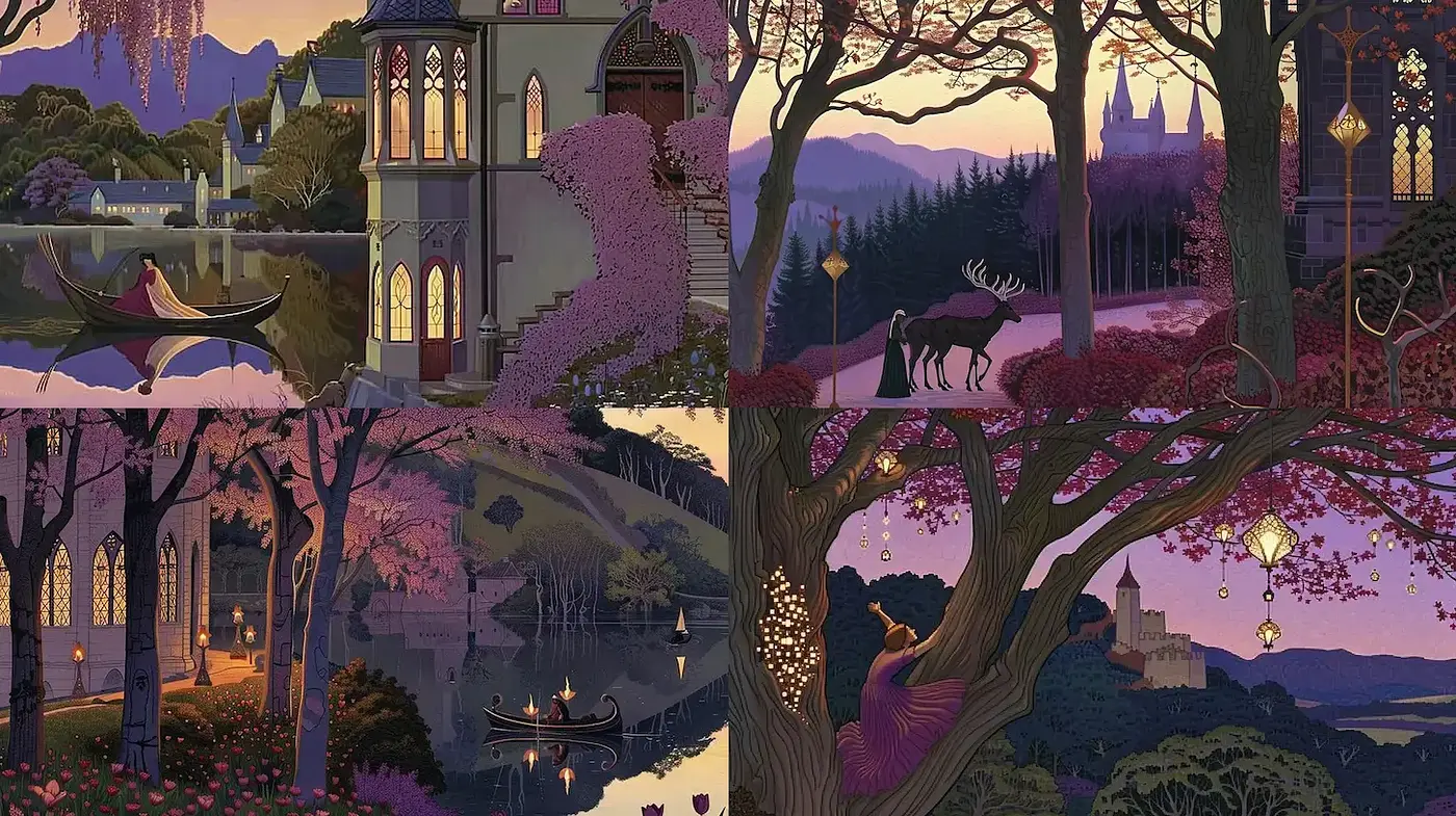 Twilight Reverie in a Stylized Pastoral Landscape - Midjourney sref style