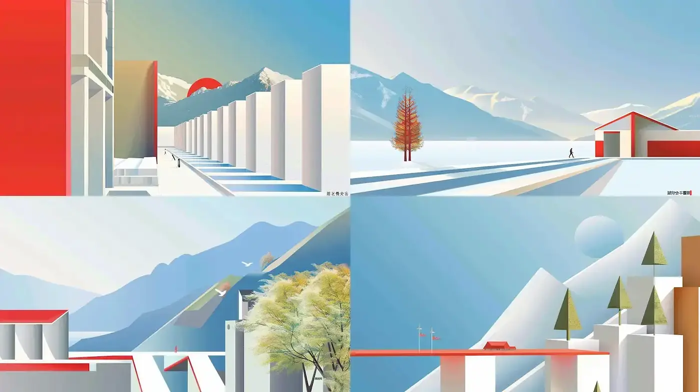 Sleek and Minimalist Landscape Illustrations with a Contemporary Flair - Midjourney sref style