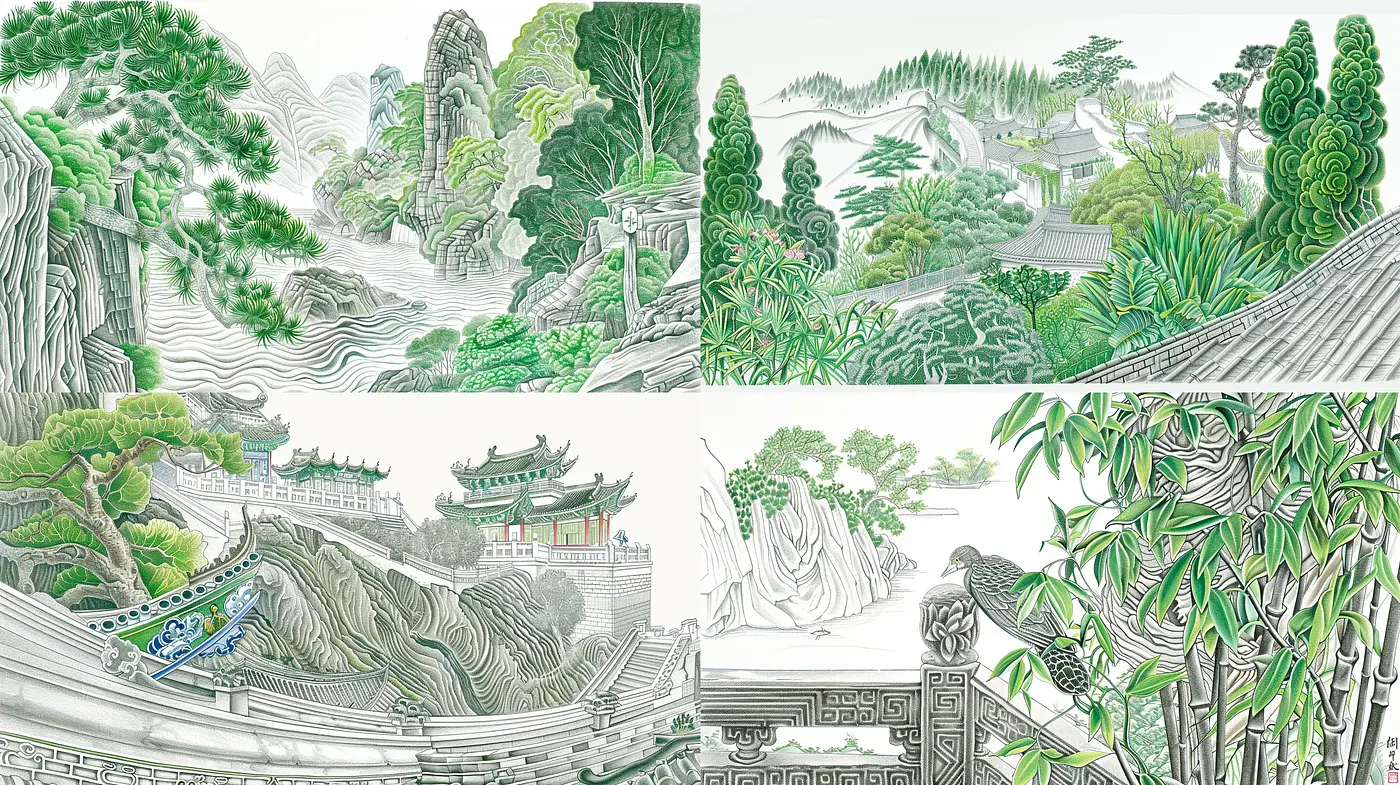 Ethereal Ink Wash Panoramas in Celadon Hues - Midjourney sref style