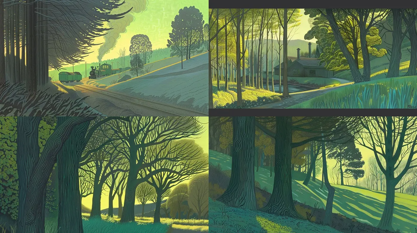 Enchanted Woodland Hues: A Harmonious Fusion of Olive Green and Ethereal Lighting - Midjourney sref style