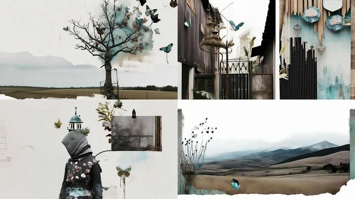 Whimsical Montage of Melancholy Landscapes and Ethereal Elements - Midjourney sref style