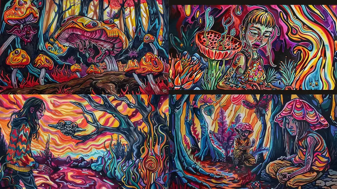 Vibrant and Surreal Fantasy Art with Psychedelic Elements - Midjourney sref style