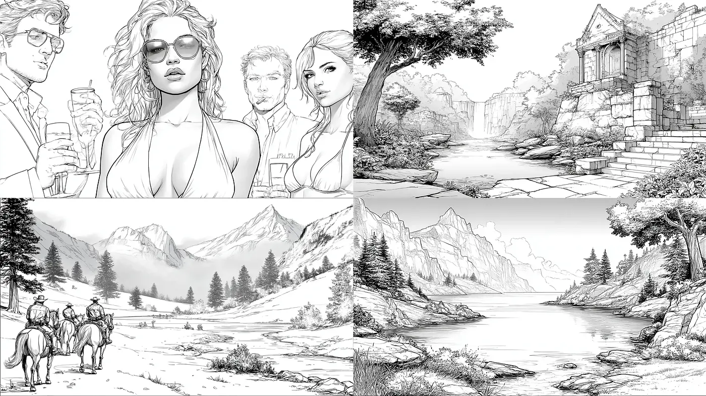 Distinctive monochromatic sketch style with detailed line work and diverse thematic elements - Midjourney sref style