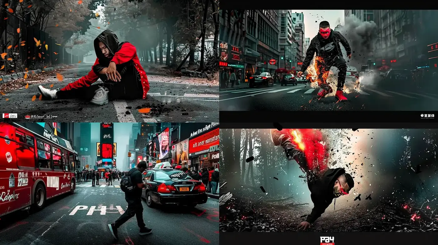 Dynamic urban scenes infused with dramatic energy and textures - Midjourney sref style