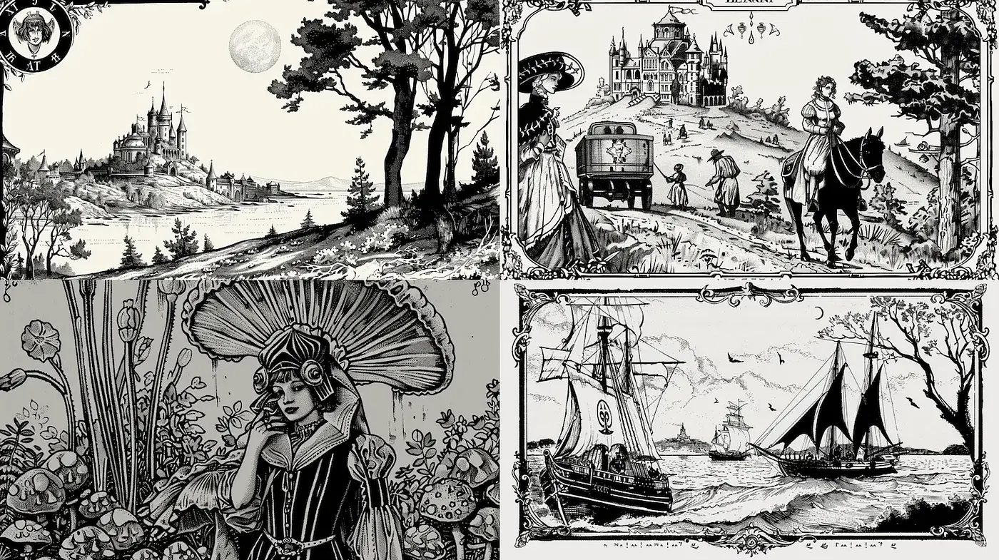 Intricate Black and White Illustrations with a Historical Touch - Midjourney sref style