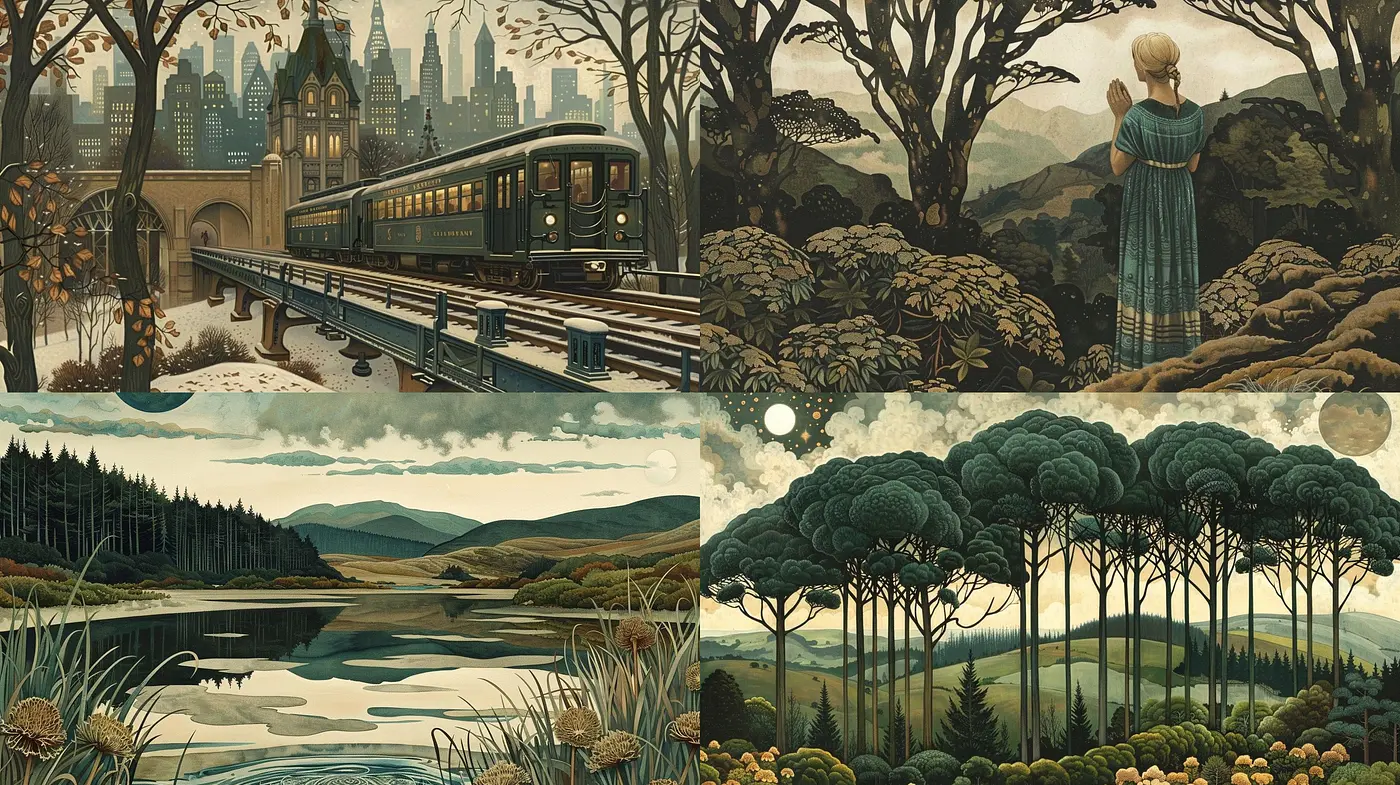 Tranquil Reverie in Stylized Pastoral and Urban Landscapes - Midjourney sref style