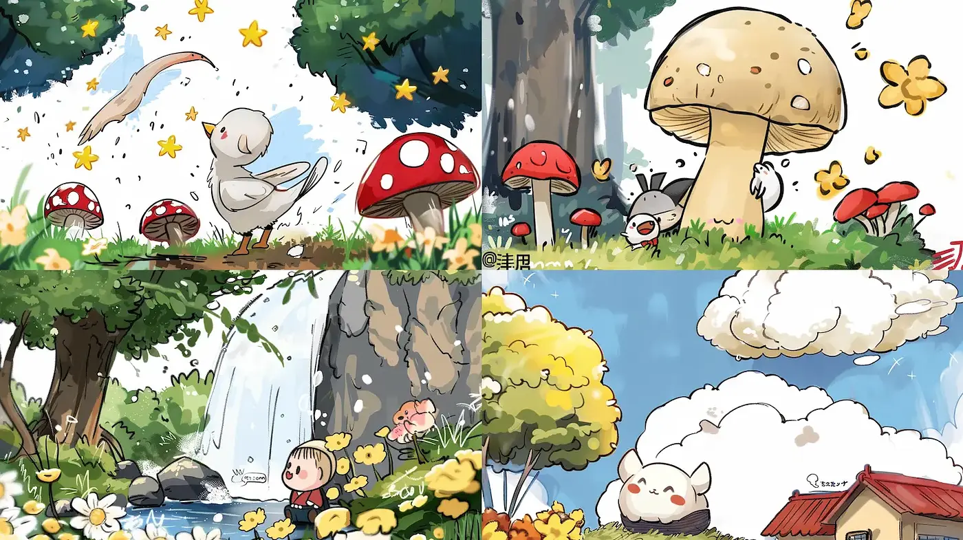 Charming and Whimsical Illustrated Environments with Playful Characters - Midjourney sref style