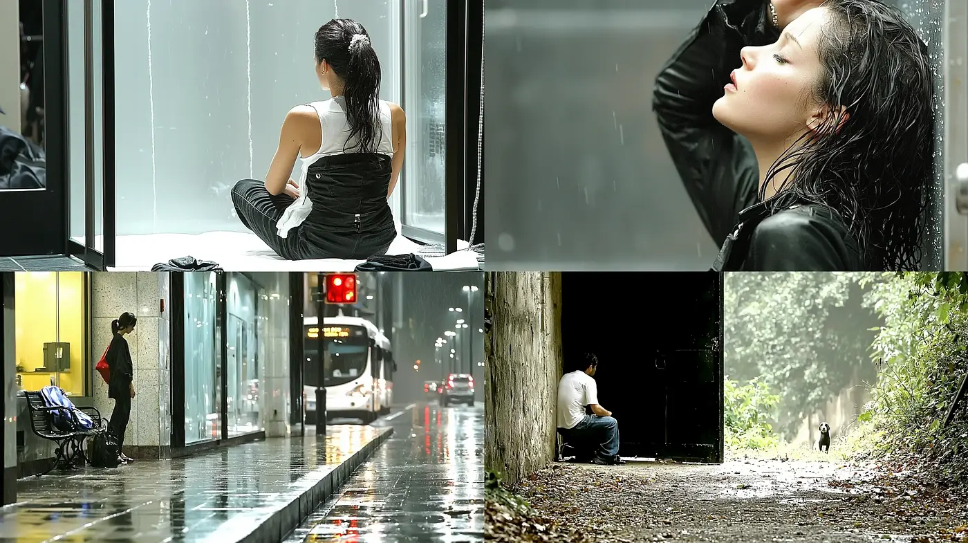 Rain-Soaked Reflections: A Cohesive Mosaic of Melancholic Hues - Midjourney sref style