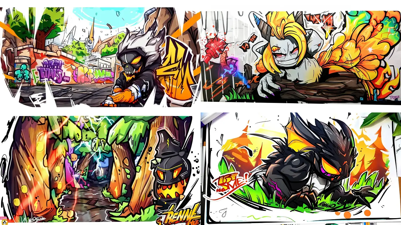 Vibrant Street Art Fusion with Dynamic Graffiti Illustration - Midjourney sref style