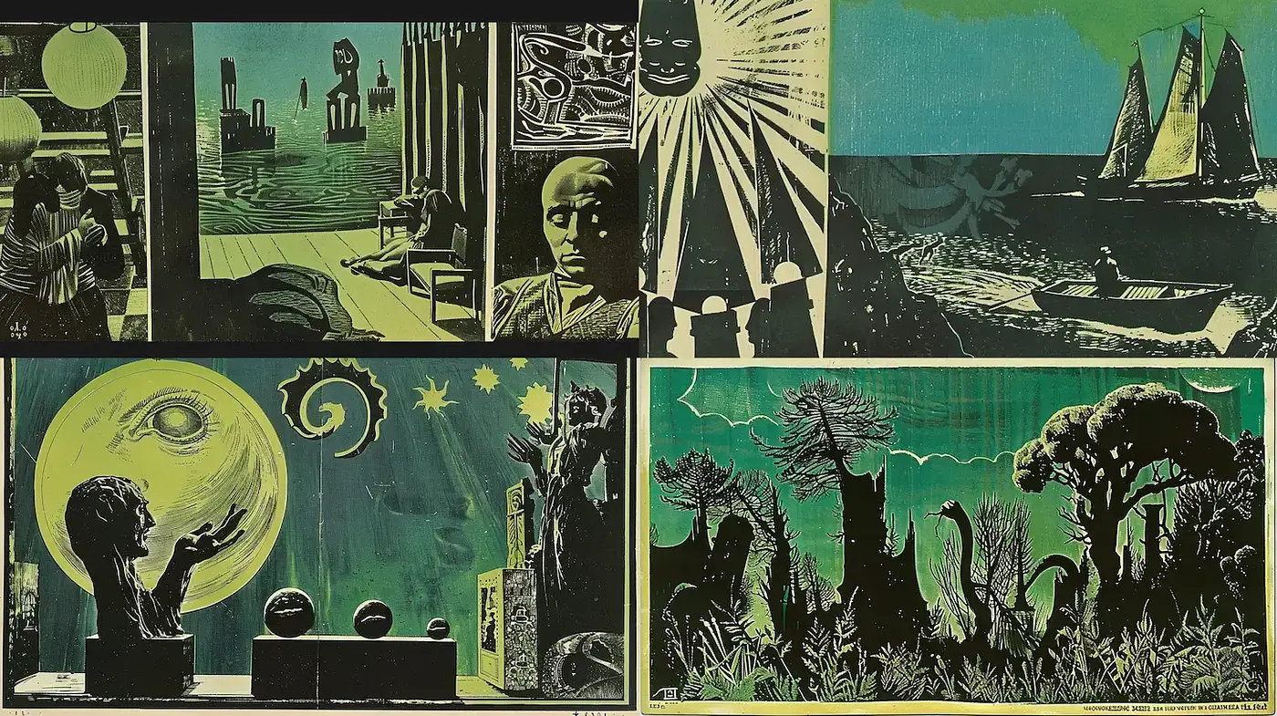 Dynamic Vintage Scenes with Surreal Elements and Natural Textures - Midjourney sref style