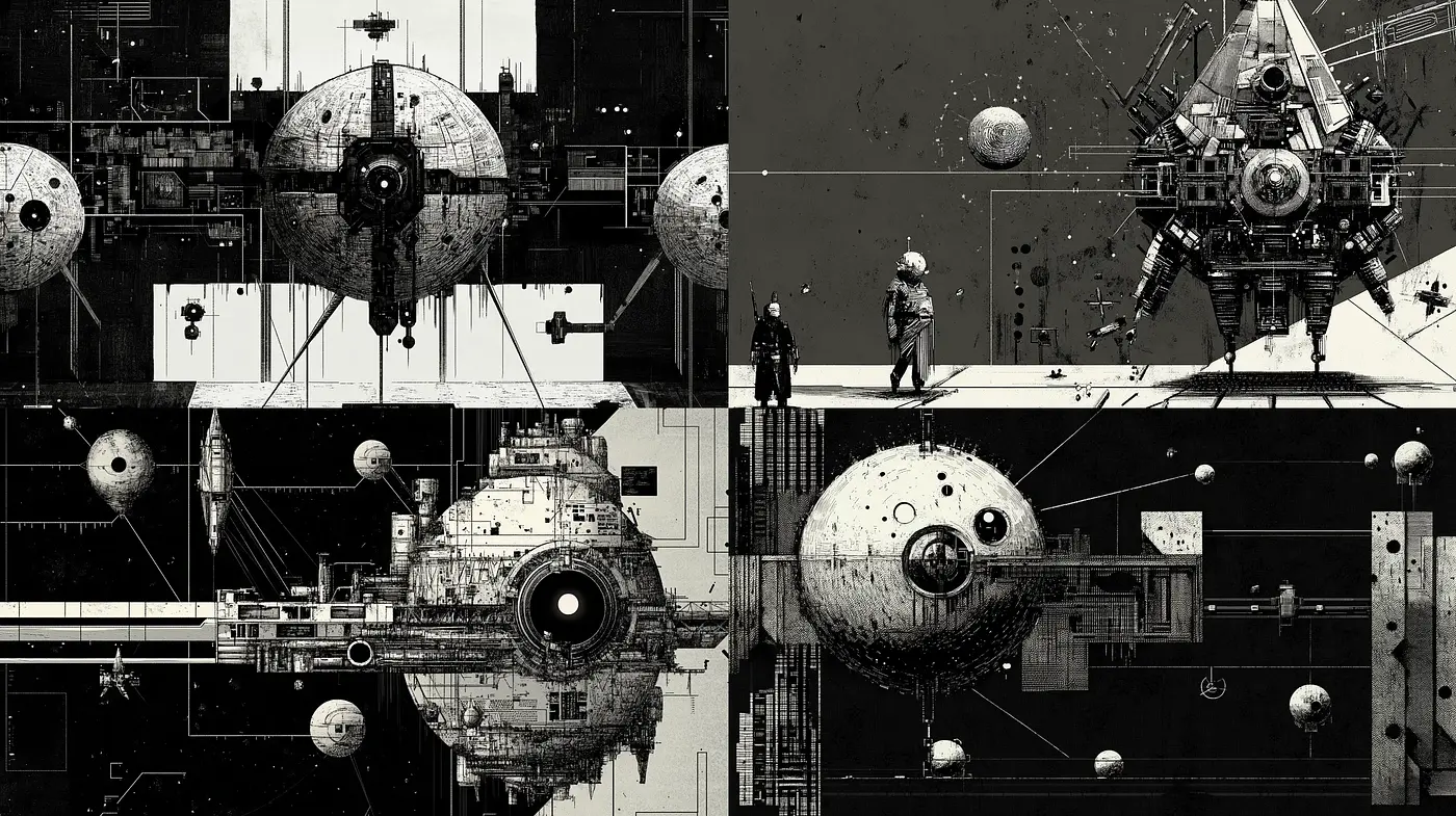 Monochromatic Mechanical Mosaic: A Blend of Science Fiction and Abstract Expressionism - Midjourney sref style