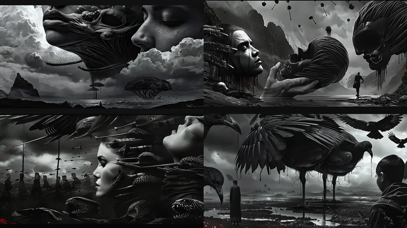 Monochromatic Surreal Vistas: A Homage to Enduring Melancholy - Midjourney sref style