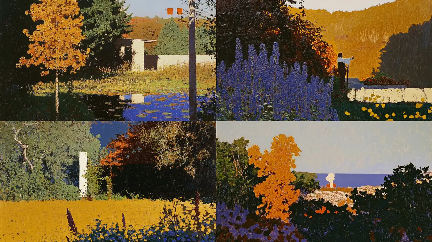 Autumnal Mosaic: Pixelated Impressions of Seasonal Landscapes - Midjourney sref style
