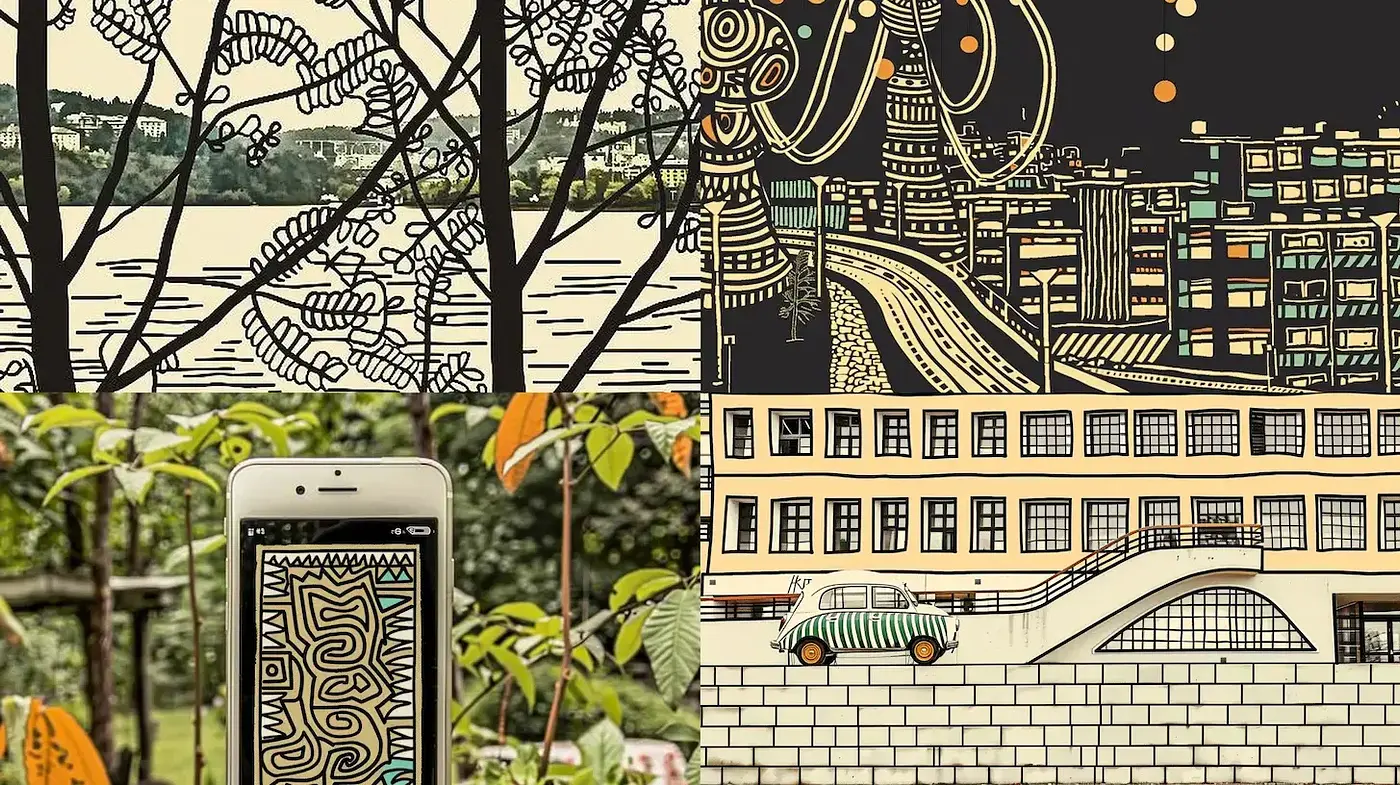 Contemporary Eclectic Urban Illustration with Nature Elements - Midjourney sref style