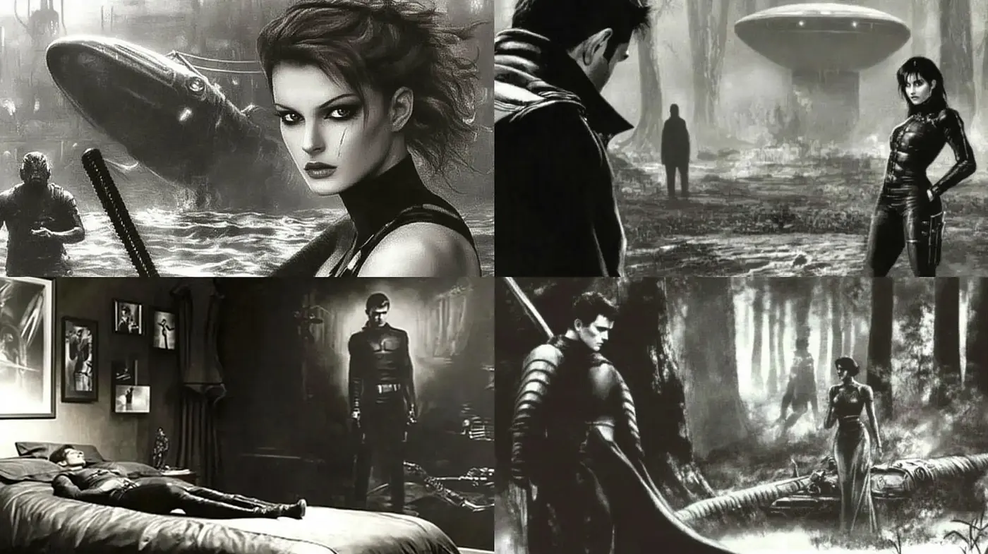 Monochromatic Sci-Fi Fusion With A Dark Atmosphere - Midjourney sref style