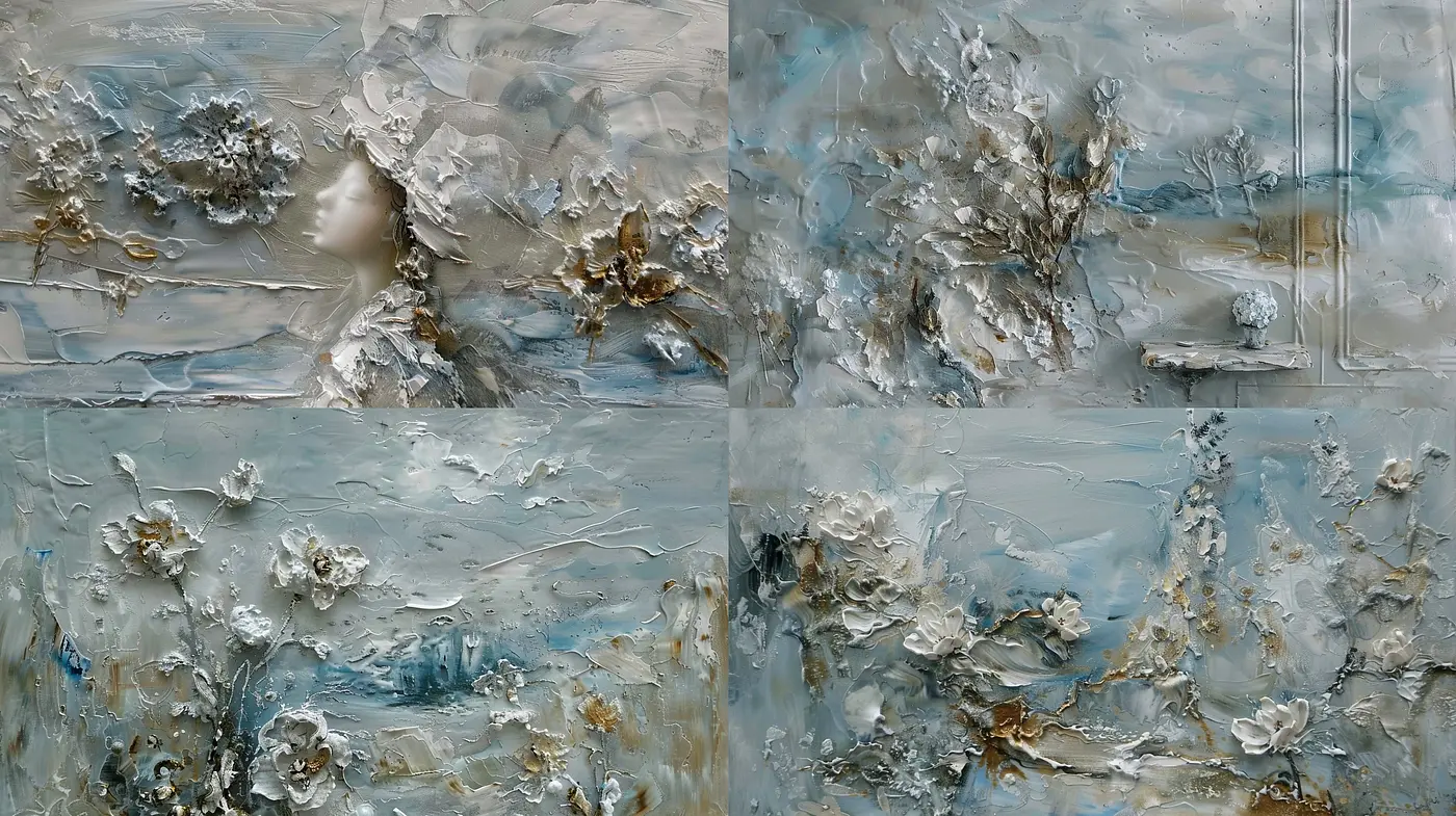 Ethereal Serenity: A Symphony of Textured Whispers in Blue and White - Midjourney sref style