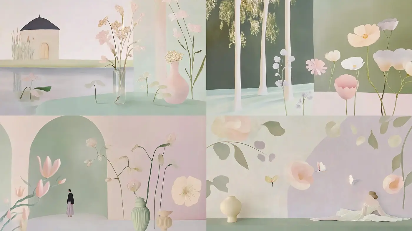 Serene Pastel Dreamscape: A Tranquil Blend of Soft Hues and Fluid Forms - Midjourney sref style