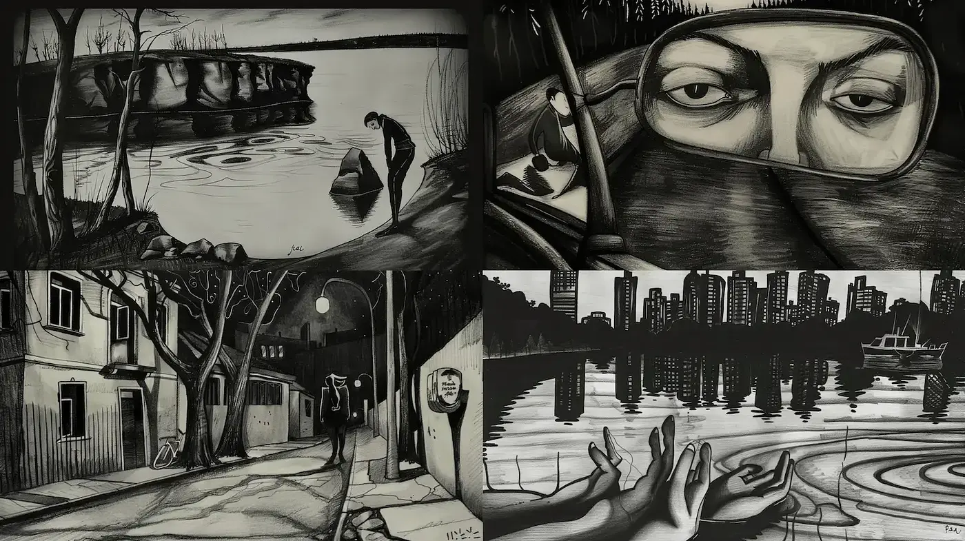 Dynamic monochrome landscapes evoking mystery and introspection - Midjourney sref style