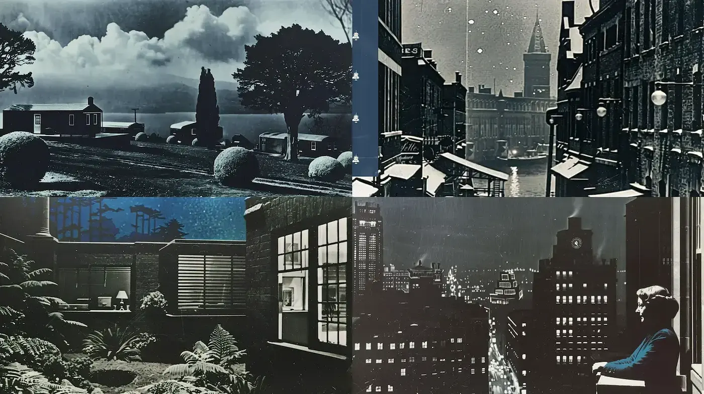A Blend of Vintage Noir and Urban Serenity - Midjourney sref style